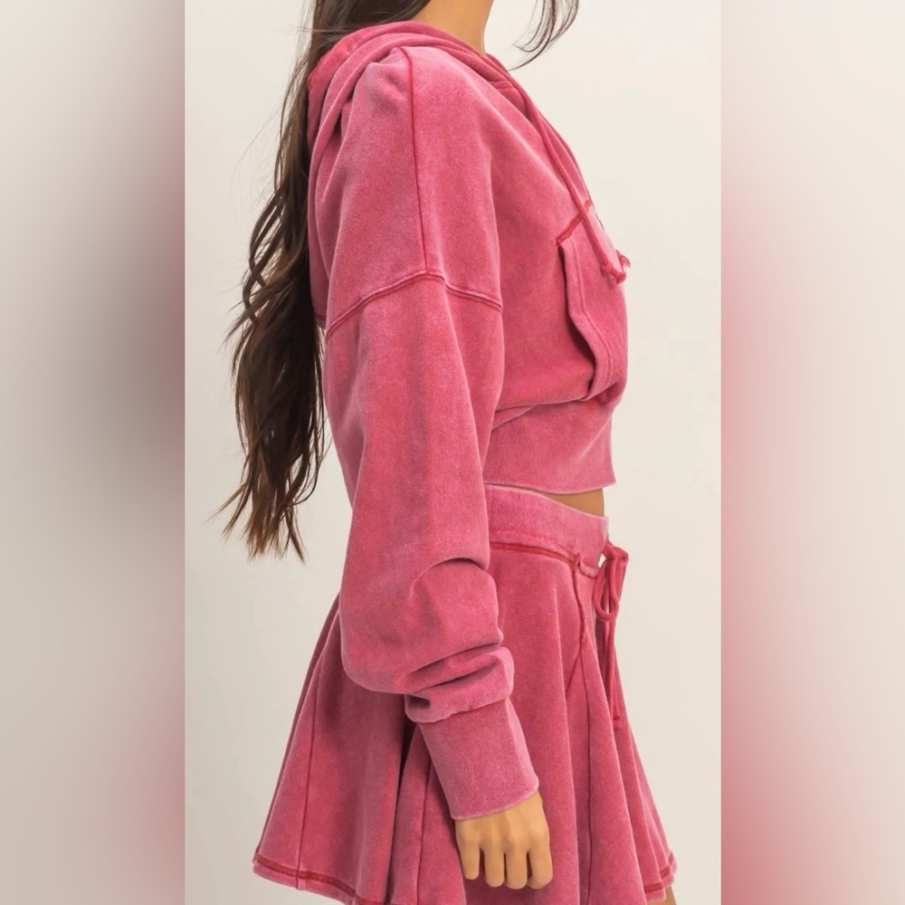 NWT Acid Washed Cropped Zip Up Terry Hoodie Crop Hooded Sweatshirt Dark Red - Picture 10 of 11